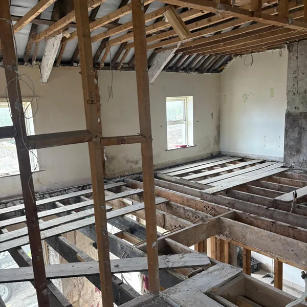 Stud walls, ceiling joists and floor joists after a strip-out in Kinsale